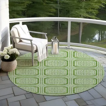 8' Green And Ivory Round Geometric Washable Indoor Outdoor Area Rug
