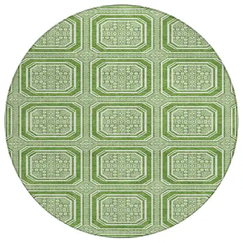 8' Green And Ivory Round Geometric Washable Indoor Outdoor Area Rug