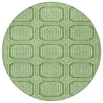8' Green And Ivory Round Geometric Washable Indoor Outdoor Area Rug