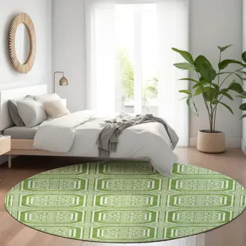8' Green And Ivory Round Geometric Washable Indoor Outdoor Area Rug