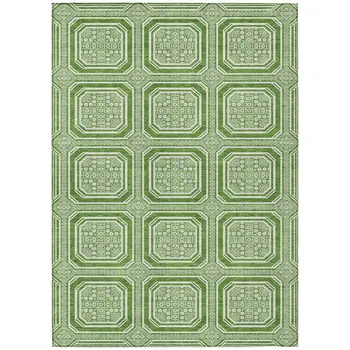 9' X 12' Green And Ivory Geometric Washable Indoor Outdoor Area Rug