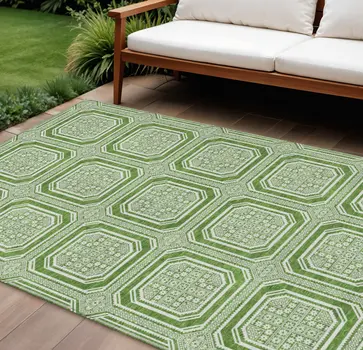 10' X 14' Green And Ivory Geometric Washable Indoor Outdoor Area Rug