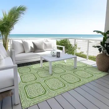 10' X 14' Green And Ivory Geometric Washable Indoor Outdoor Area Rug