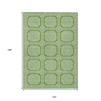 10' X 14' Green And Ivory Geometric Washable Indoor Outdoor Area Rug