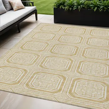 5' X 8' Gold And Ivory Geometric Washable Indoor Outdoor Area Rug