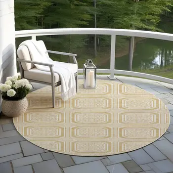 8' Gold And Ivory Round Geometric Washable Indoor Outdoor Area Rug