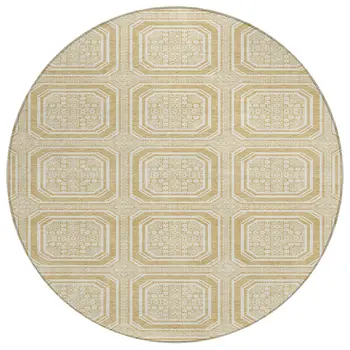 8' Gold And Ivory Round Geometric Washable Indoor Outdoor Area Rug