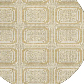 8' Gold And Ivory Round Geometric Washable Indoor Outdoor Area Rug