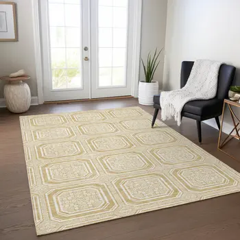 8' X 10' Gold And Ivory Geometric Washable Indoor Outdoor Area Rug