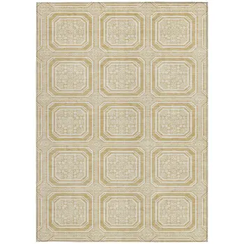 9' X 12' Gold And Ivory Geometric Washable Indoor Outdoor Area Rug