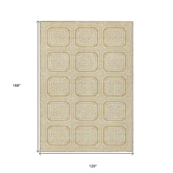 10' X 14' Gold And Ivory Geometric Washable Indoor Outdoor Area Rug