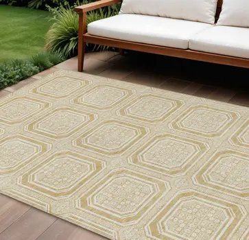 10' X 14' Gold And Ivory Geometric Washable Indoor Outdoor Area Rug