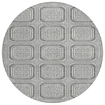 8' Gray And Ivory Round Geometric Washable Indoor Outdoor Area Rug