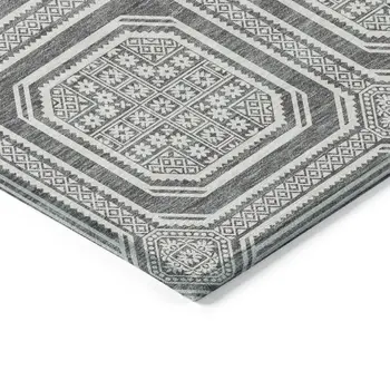8' Gray And Ivory Round Geometric Washable Indoor Outdoor Area Rug