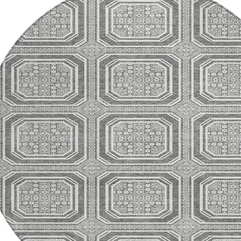 8' Gray And Ivory Round Geometric Washable Indoor Outdoor Area Rug