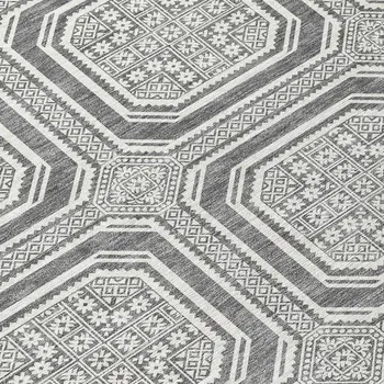 8' Gray And Ivory Round Geometric Washable Indoor Outdoor Area Rug