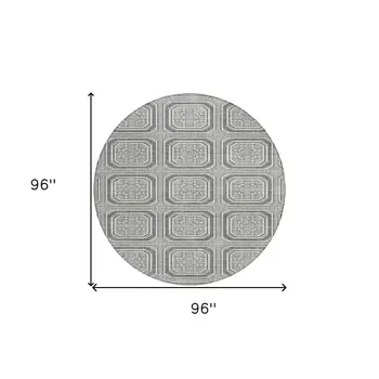 8' Gray And Ivory Round Geometric Washable Indoor Outdoor Area Rug