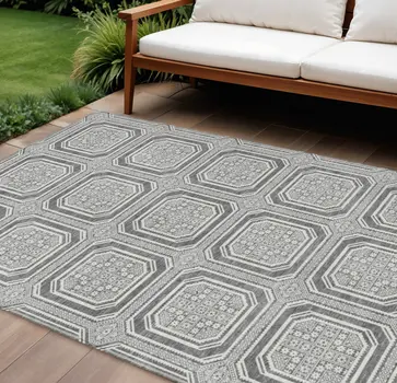 9' X 12' Gray And Ivory Geometric Washable Indoor Outdoor Area Rug