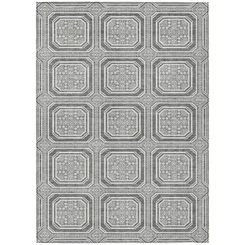 9' X 12' Gray And Ivory Geometric Washable Indoor Outdoor Area Rug