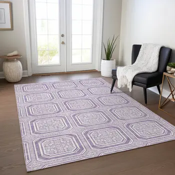3' X 5' Lavender And Ivory Geometric Washable Indoor Outdoor Area Rug