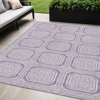 5' X 8' Lavender And Ivory Geometric Washable Indoor Outdoor Area Rug
