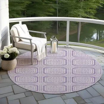 8' Lavender And Ivory Round Geometric Washable Indoor Outdoor Area Rug