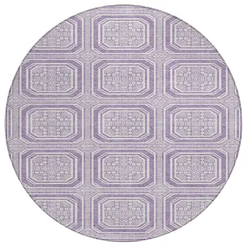 8' Lavender And Ivory Round Geometric Washable Indoor Outdoor Area Rug