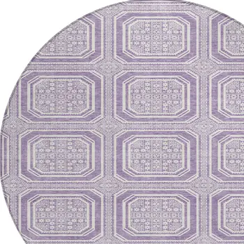 8' Lavender And Ivory Round Geometric Washable Indoor Outdoor Area Rug