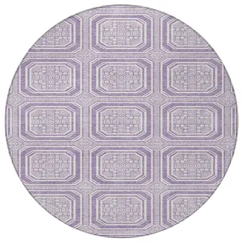 8' Lavender And Ivory Round Geometric Washable Indoor Outdoor Area Rug