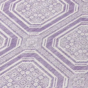 8' Lavender And Ivory Round Geometric Washable Indoor Outdoor Area Rug