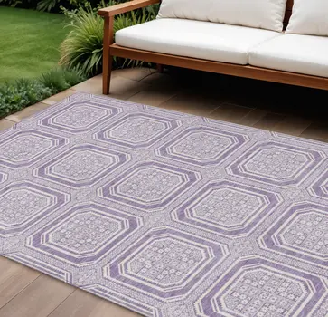 10' X 14' Lavender And Ivory Geometric Washable Indoor Outdoor Area Rug