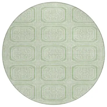 8' Mint Green And Ivory Round Geometric Washable Indoor Outdoor Area Rug