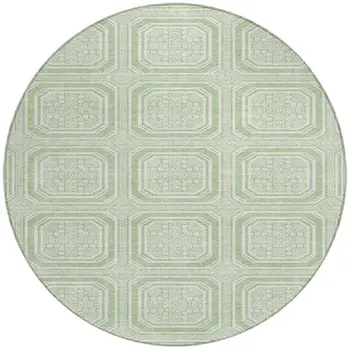 8' Mint Green And Ivory Round Geometric Washable Indoor Outdoor Area Rug