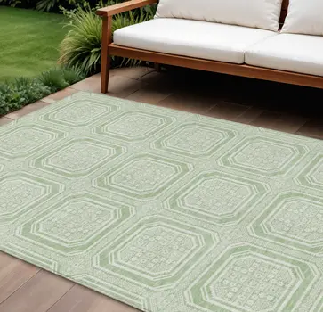 9' X 12' Mint Green And Ivory Geometric Washable Indoor Outdoor Area Rug