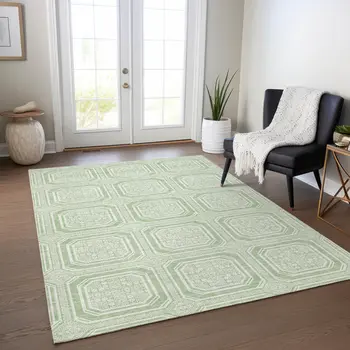 10' X 14' Mint Green And Ivory Geometric Washable Indoor Outdoor Area Rug