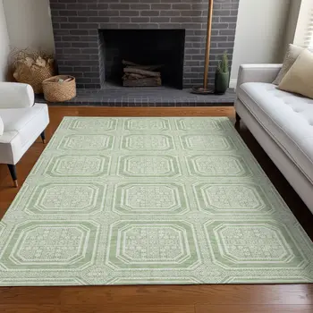 10' X 14' Mint Green And Ivory Geometric Washable Indoor Outdoor Area Rug