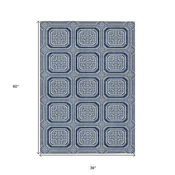 3' X 5' Navy Blue And Ivory Geometric Washable Indoor Outdoor Area Rug