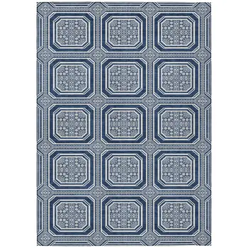 3' X 5' Navy Blue And Ivory Geometric Washable Indoor Outdoor Area Rug