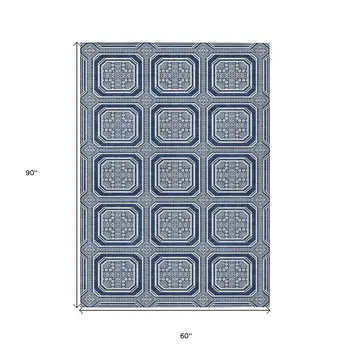 5' X 8' Navy Blue And Ivory Geometric Washable Indoor Outdoor Area Rug