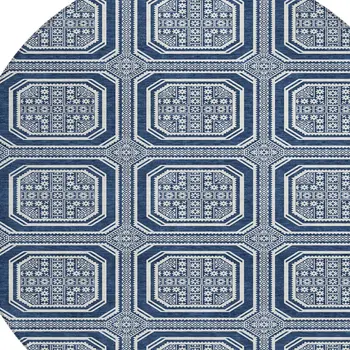8' Navy Blue And Ivory Round Geometric Washable Indoor Outdoor Area Rug