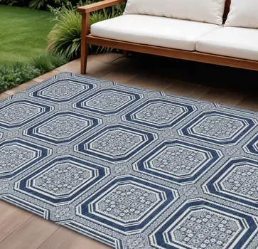 8' X 10' Navy Blue And Ivory Geometric Washable Indoor Outdoor Area Rug