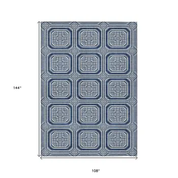9' X 12' Navy Blue And Ivory Geometric Washable Indoor Outdoor Area Rug
