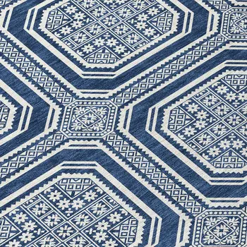 10' X 14' Navy Blue And Ivory Geometric Washable Indoor Outdoor Area Rug