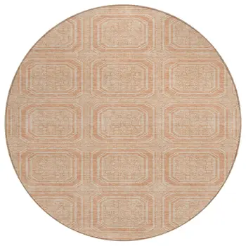 8' Peach And Beige Round Geometric Washable Indoor Outdoor Area Rug