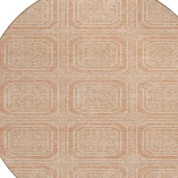 8' Peach And Beige Round Geometric Washable Indoor Outdoor Area Rug