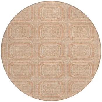 8' Peach And Beige Round Geometric Washable Indoor Outdoor Area Rug