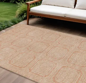 8' X 10' Peach And Beige Geometric Washable Indoor Outdoor Area Rug