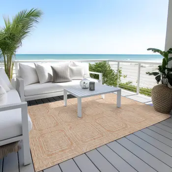 8' X 10' Peach And Beige Geometric Washable Indoor Outdoor Area Rug