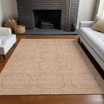 8' X 10' Peach And Beige Geometric Washable Indoor Outdoor Area Rug