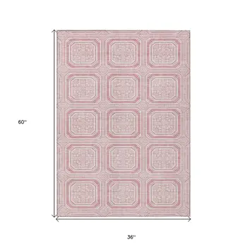 3' X 5' Pink And Ivory Geometric Washable Indoor Outdoor Area Rug